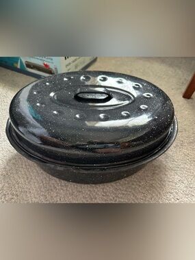 VTG Enamelware Black and White Speckled Turkey Ham Roaster Roasting Pan Large